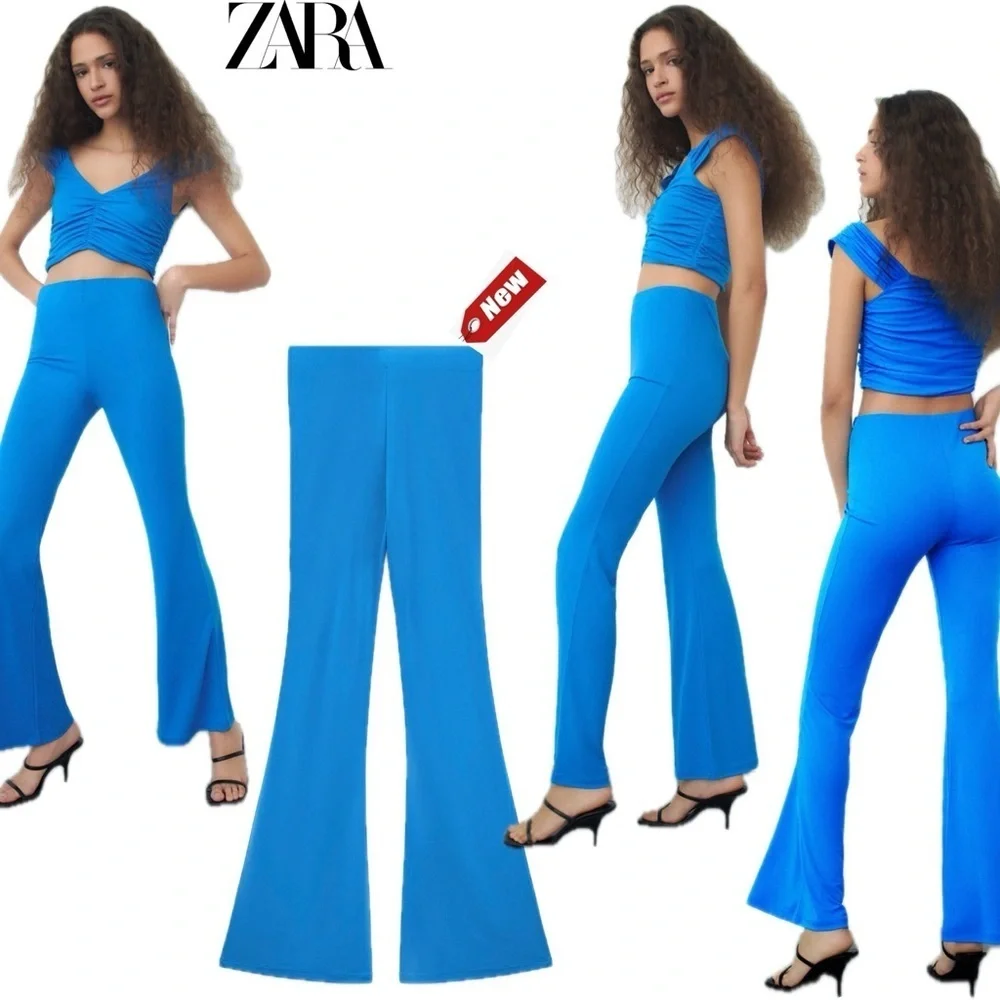 Zara blue stretchy high waisted flare pull on pants Sz M NWT - Picture 1 of 14